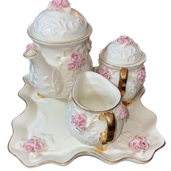 Vintage Handmade Porcelain Tea Set Pink Roses and 10K Gold Trim - Picture 4 of 16